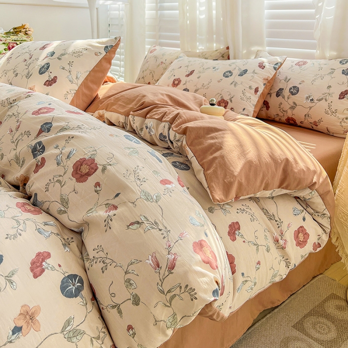 91家纺网 家纺一手货源 找家纺 直播爆款法式风双层纱棉麻水洗棉四件套 朝颜