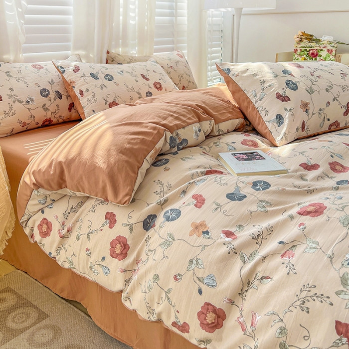 91家纺网 家纺一手货源 找家纺 直播爆款法式风双层纱棉麻水洗棉四件套 朝颜