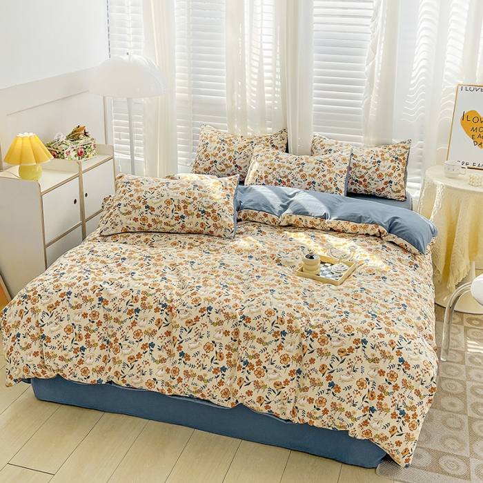 91家纺网 家纺一手货源 找家纺 直播爆款法式风双层纱棉麻水洗棉四件套 春日花园兔