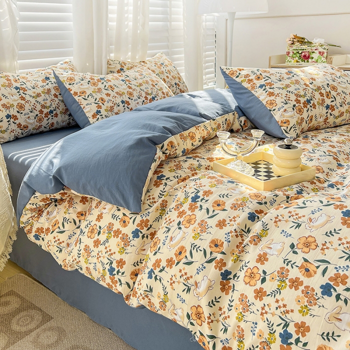 91家纺网 家纺一手货源 找家纺 直播爆款法式风双层纱棉麻水洗棉四件套 春日花园兔