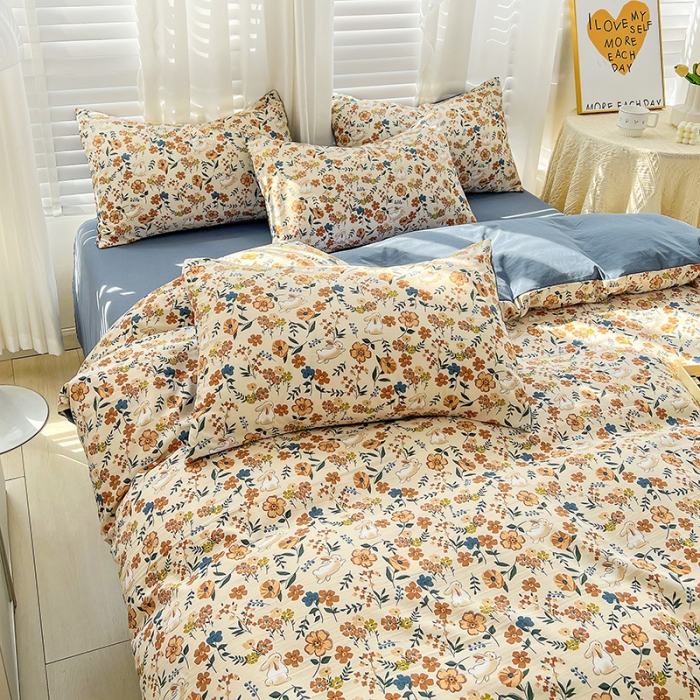 91家纺网 家纺一手货源 找家纺 直播爆款法式风双层纱棉麻水洗棉四件套 春日花园兔