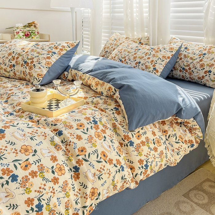 91家纺网 家纺一手货源 找家纺 直播爆款法式风双层纱棉麻水洗棉四件套 春日花园兔