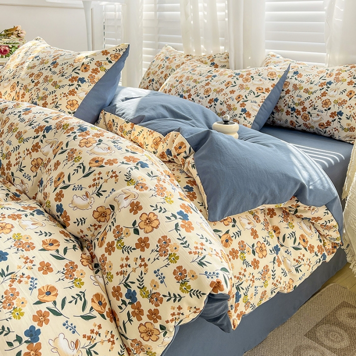 91家纺网 家纺一手货源 找家纺 直播爆款法式风双层纱棉麻水洗棉四件套 春日花园兔