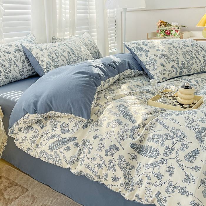 91家纺网 家纺一手货源 找家纺 直播爆款法式风双层纱棉麻水洗棉四件套 花季