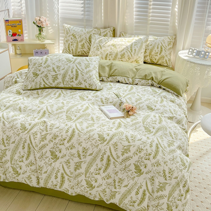 91家纺网 家纺一手货源 找家纺 直播爆款法式风双层纱棉麻水洗棉四件套 花季-绿