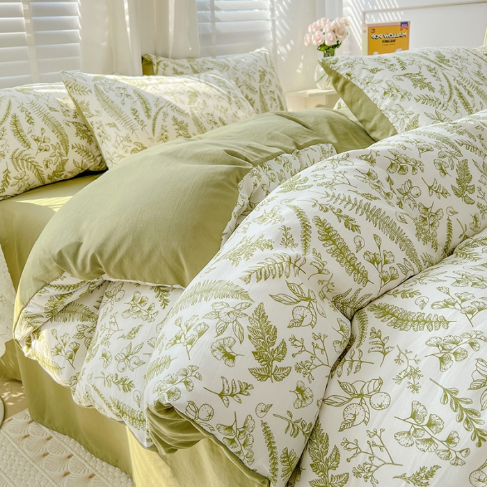 91家纺网 家纺一手货源 找家纺 直播爆款法式风双层纱棉麻水洗棉四件套 花季-绿