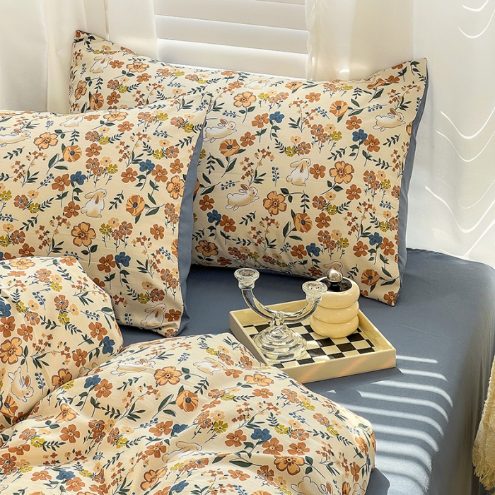 91家纺网 家纺一手货源 找家纺 直播爆款法式风双层纱棉麻水洗棉四件套 春日花园兔