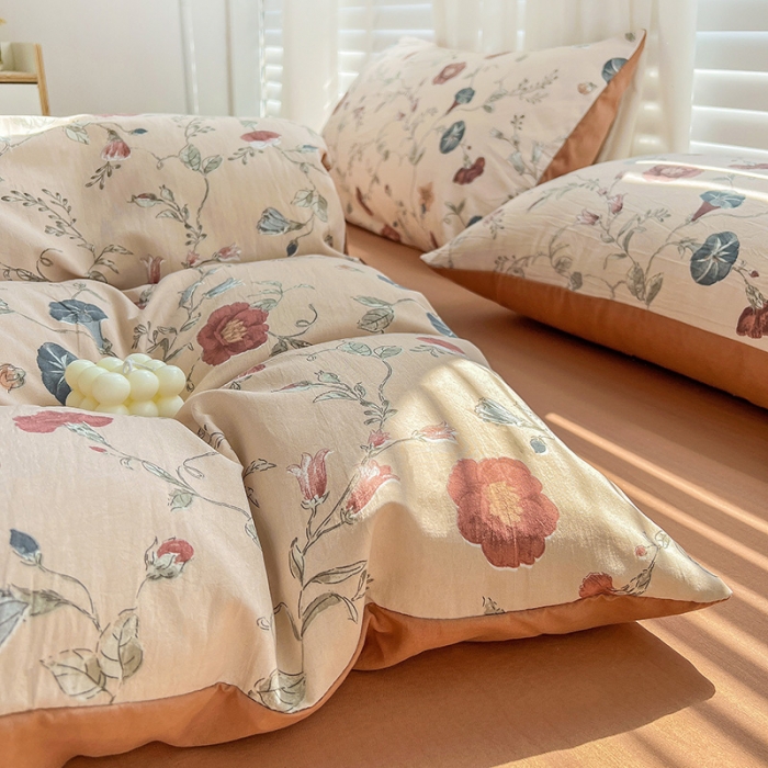 91家纺网 家纺一手货源 找家纺 直播爆款法式风双层纱棉麻水洗棉四件套 朝颜