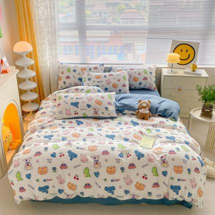 91家纺网 家纺一手货源 找家纺 （总）玉海棠 2023新款水洗棉麻双层四件套亲肤印花四件套