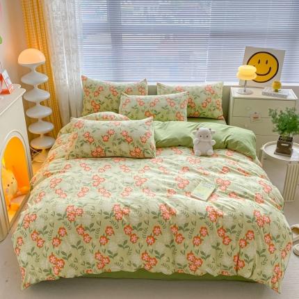 91家纺网 家纺一手货源 找家纺 （总）玉海棠 2023新款水洗棉麻双层四件套亲肤印花四件套