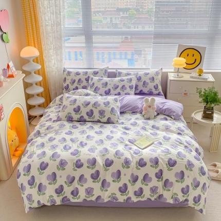 91家纺网 家纺一手货源 找家纺 （总）玉海棠 2023新款水洗棉麻双层四件套亲肤印花四件套