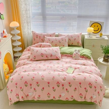 91家纺网 家纺一手货源 找家纺 （总）玉海棠 2023新款水洗棉麻双层四件套亲肤印花四件套