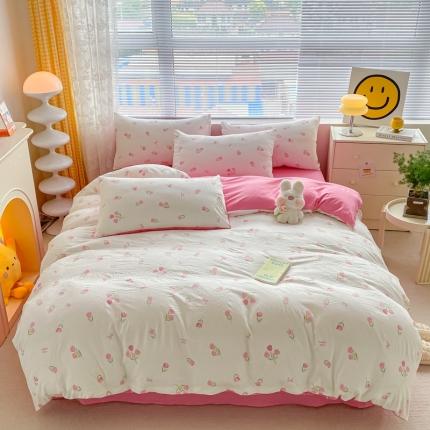 91家纺网 家纺一手货源 找家纺 （总）玉海棠 2023新款水洗棉麻双层四件套亲肤印花四件套