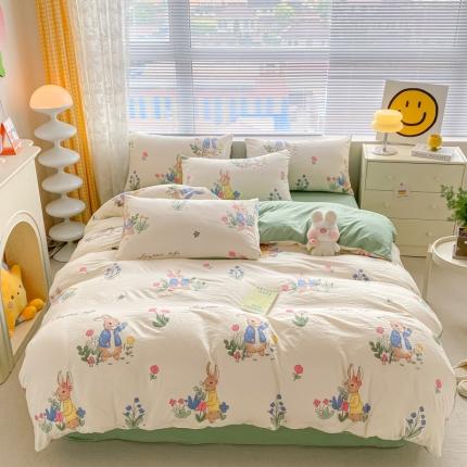 91家纺网 家纺一手货源 找家纺 （总）玉海棠 2023新款水洗棉麻双层四件套亲肤印花四件套