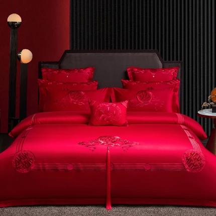 91家纺网 家纺一手货源 找家纺 2023新款全棉13372喷气全棉大红婚庆四件套多件套二 醉红妆-红