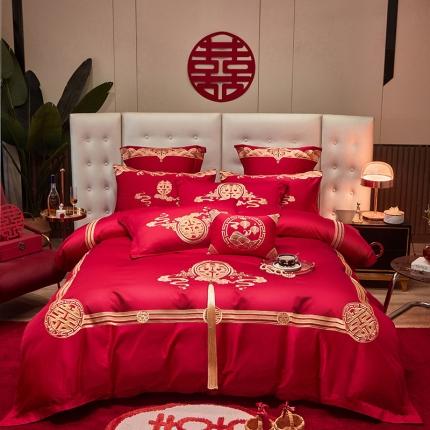 91家纺网 家纺一手货源 找家纺 2023新款全棉13372喷气全棉大红婚庆四件套多件套二 醉红妆-金