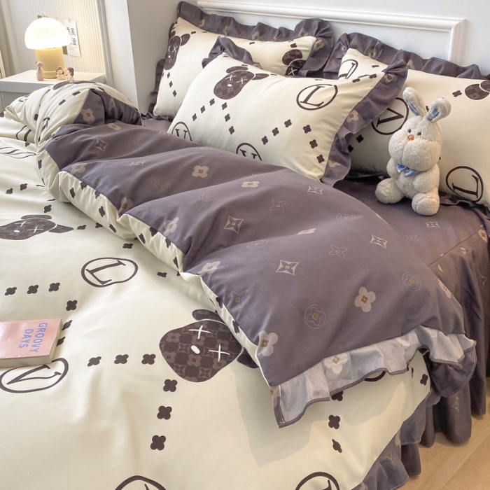 91家纺网 家纺一手货源 找家纺 艾橙家纺 2023新款小清新韩版磨毛花边四件套 宝利熊