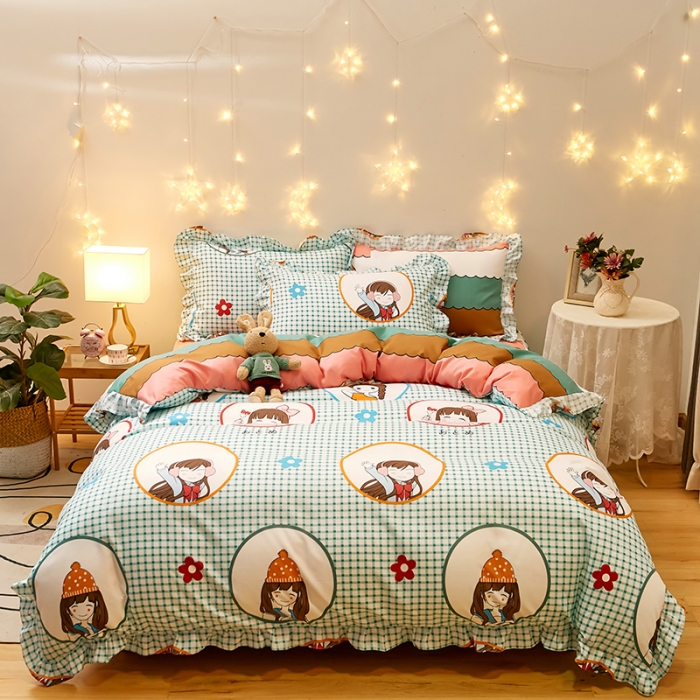 91家纺网 家纺一手货源 找家纺 艾橙家纺 2023新款小清新韩版磨毛花边四件套 彩虹女孩