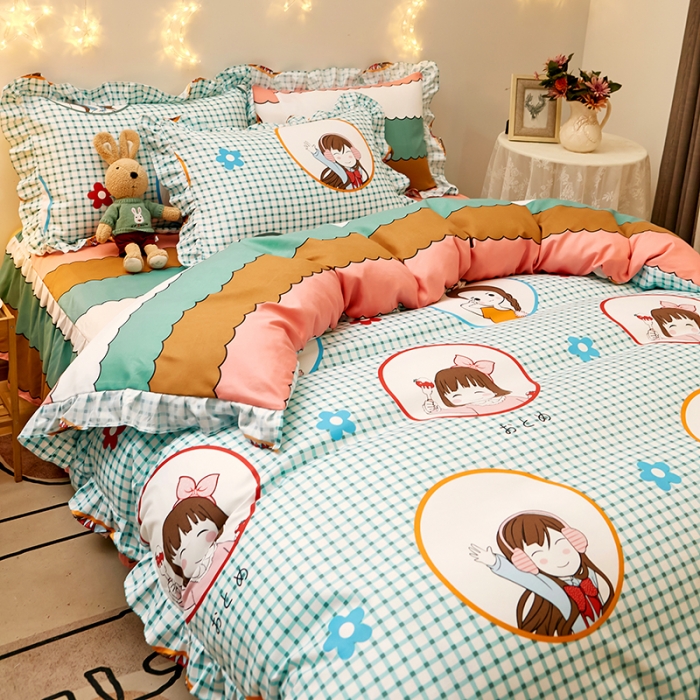 91家纺网 家纺一手货源 找家纺 艾橙家纺 2023新款小清新韩版磨毛花边四件套 彩虹女孩