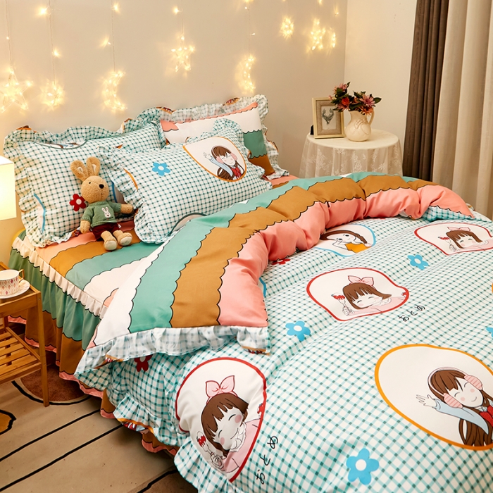 91家纺网 家纺一手货源 找家纺 艾橙家纺 2023新款小清新韩版磨毛花边四件套 彩虹女孩