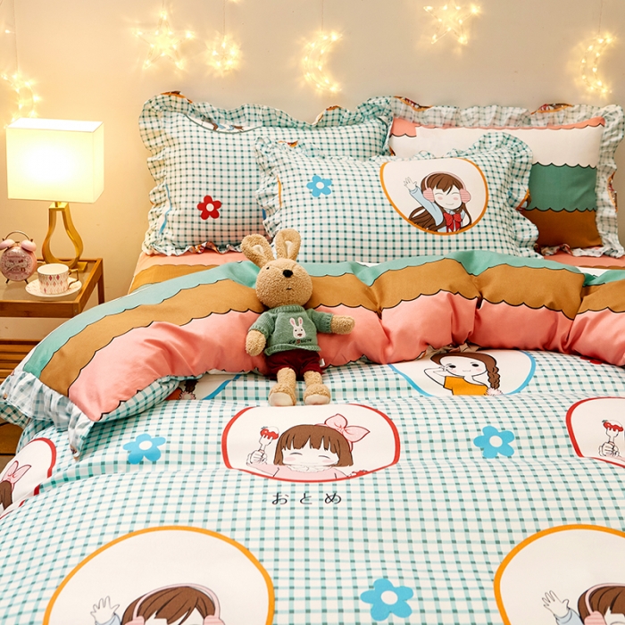 91家纺网 家纺一手货源 找家纺 艾橙家纺 2023新款小清新韩版磨毛花边四件套 彩虹女孩