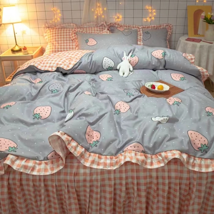 91家纺网 家纺一手货源 找家纺 艾橙家纺 2023新款小清新韩版磨毛花边四件套 草莓圣代