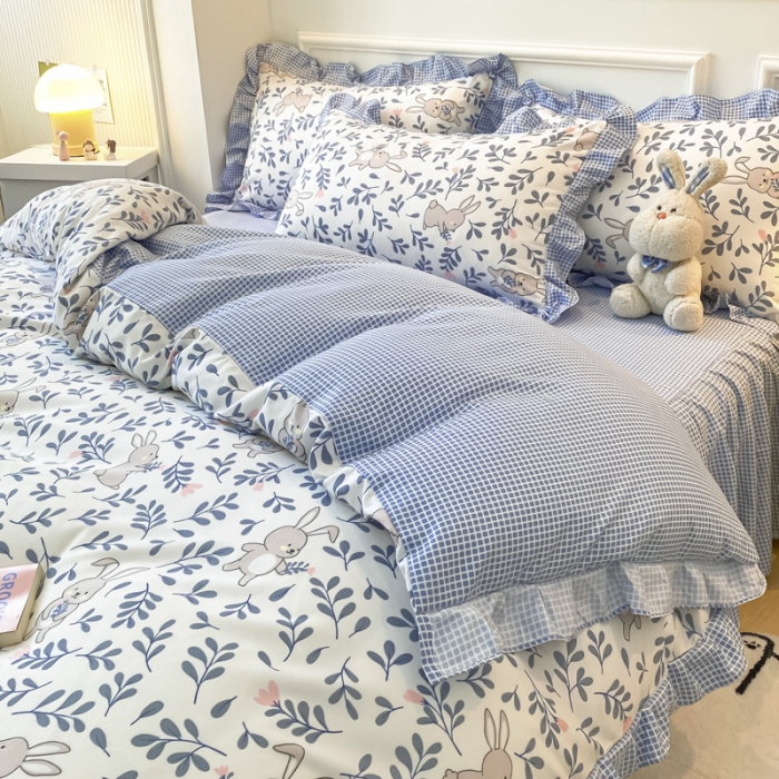 91家纺网 家纺一手货源 找家纺 艾橙家纺 2023新款小清新韩版磨毛花边四件套 菲菲兔