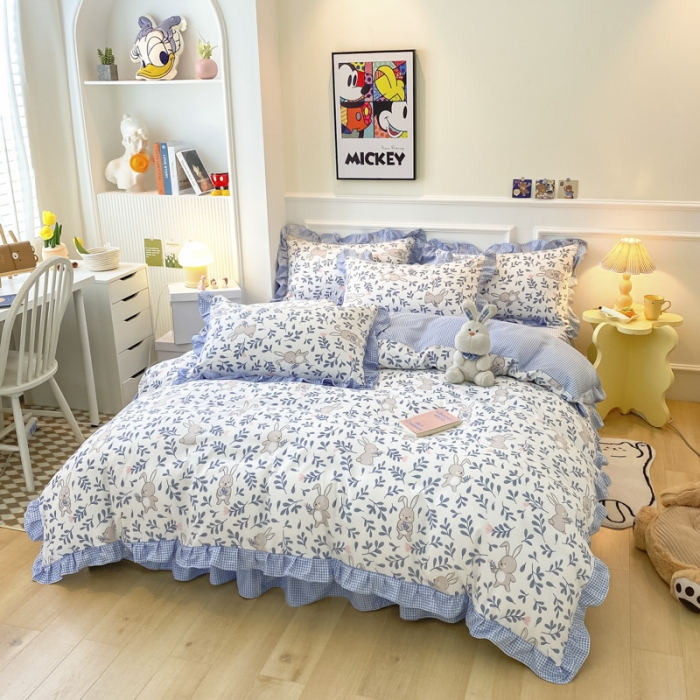 91家纺网 家纺一手货源 找家纺 艾橙家纺 2023新款小清新韩版磨毛花边四件套 菲菲兔