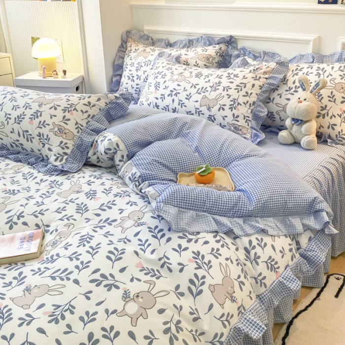 91家纺网 家纺一手货源 找家纺 艾橙家纺 2023新款小清新韩版磨毛花边四件套 菲菲兔