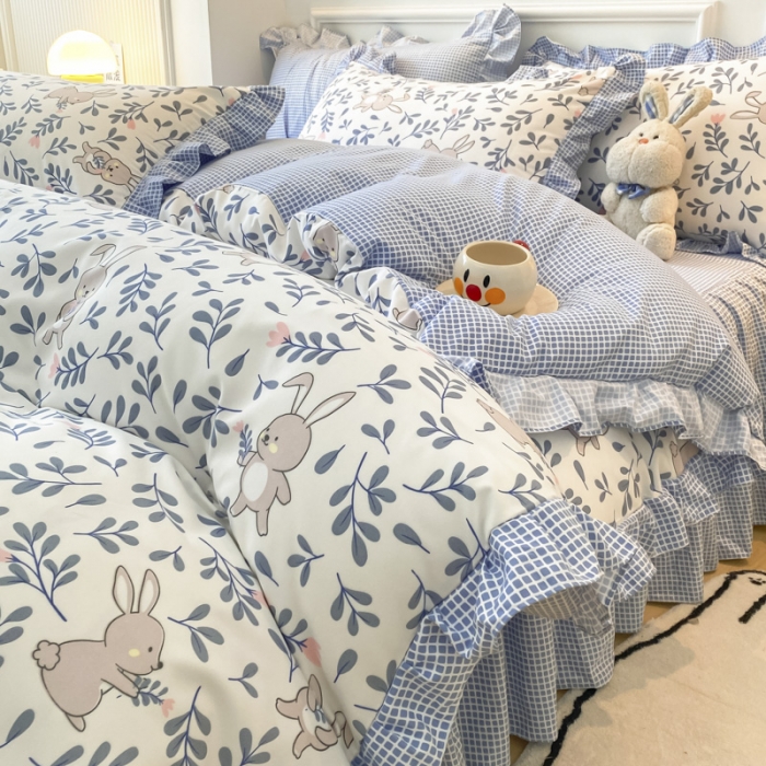 91家纺网 家纺一手货源 找家纺 艾橙家纺 2023新款小清新韩版磨毛花边四件套 菲菲兔