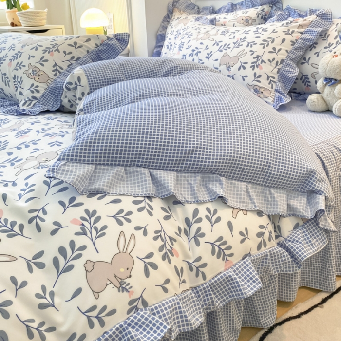 91家纺网 家纺一手货源 找家纺 艾橙家纺 2023新款小清新韩版磨毛花边四件套 菲菲兔