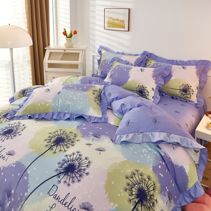 91家纺网 家纺一手货源 找家纺 艾橙家纺 2023新款小清新韩版磨毛花边四件套 浮梦飞花