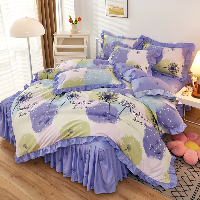 91家纺网 家纺一手货源 找家纺 艾橙家纺 2023新款小清新韩版磨毛花边四件套 浮梦飞花