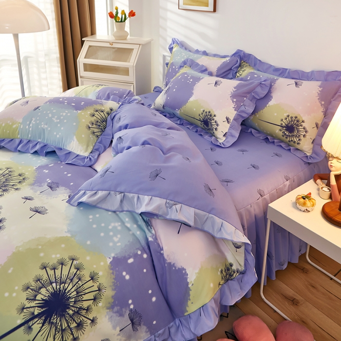 91家纺网 家纺一手货源 找家纺 艾橙家纺 2023新款小清新韩版磨毛花边四件套 浮梦飞花