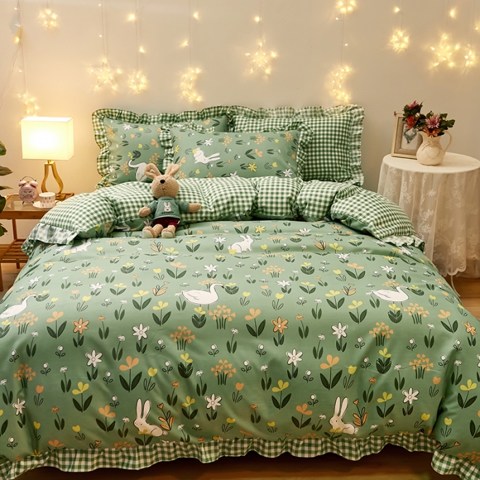 91家纺网 家纺一手货源 找家纺 艾橙家纺 2023新款小清新韩版磨毛花边四件套 花间密语