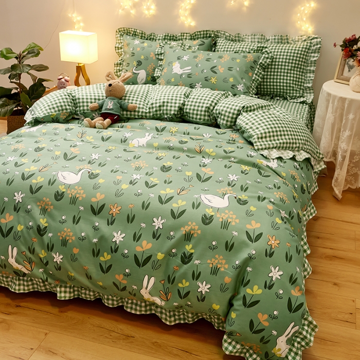 91家纺网 家纺一手货源 找家纺 艾橙家纺 2023新款小清新韩版磨毛花边四件套 花间密语