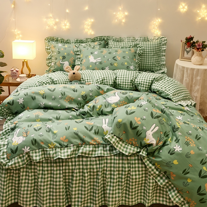 91家纺网 家纺一手货源 找家纺 艾橙家纺 2023新款小清新韩版磨毛花边四件套 花间密语