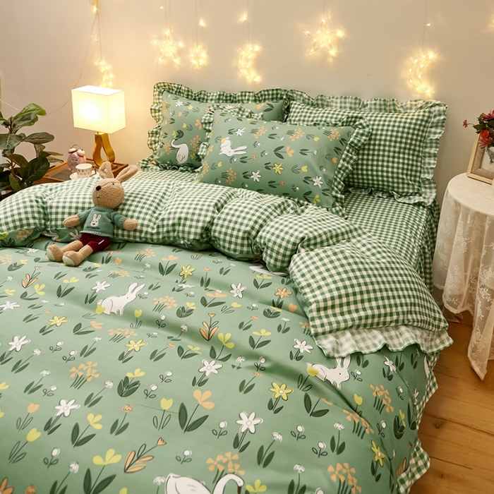 91家纺网 家纺一手货源 找家纺 艾橙家纺 2023新款小清新韩版磨毛花边四件套 花间密语