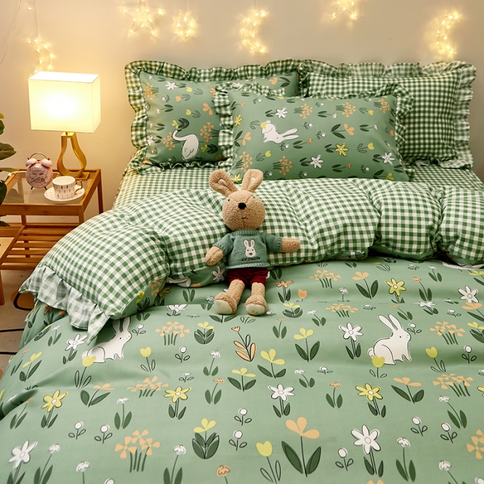 91家纺网 家纺一手货源 找家纺 艾橙家纺 2023新款小清新韩版磨毛花边四件套 花间密语