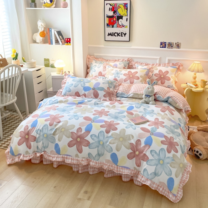 91家纺网 家纺一手货源 找家纺 艾橙家纺 2023新款小清新韩版磨毛花边四件套 花束之美