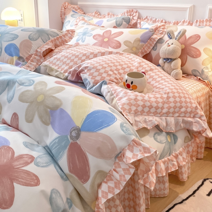 91家纺网 家纺一手货源 找家纺 艾橙家纺 2023新款小清新韩版磨毛花边四件套 花束之美