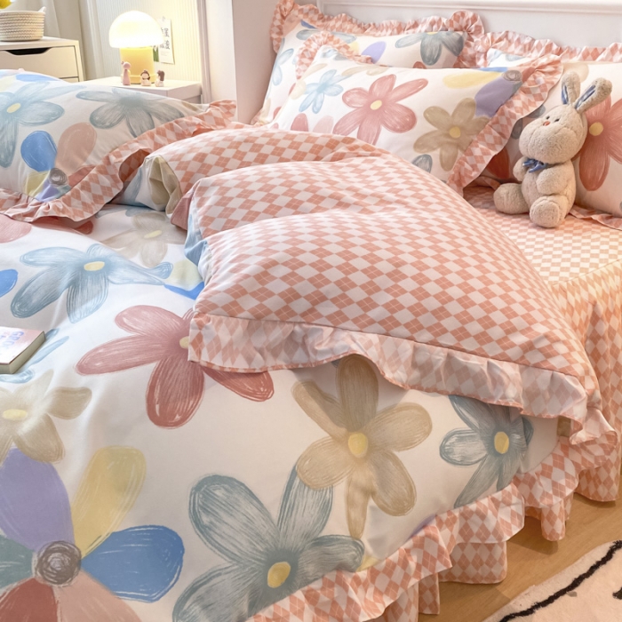 91家纺网 家纺一手货源 找家纺 艾橙家纺 2023新款小清新韩版磨毛花边四件套 花束之美