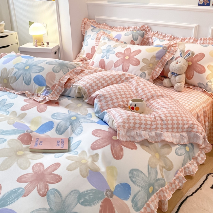 91家纺网 家纺一手货源 找家纺 艾橙家纺 2023新款小清新韩版磨毛花边四件套 花束之美