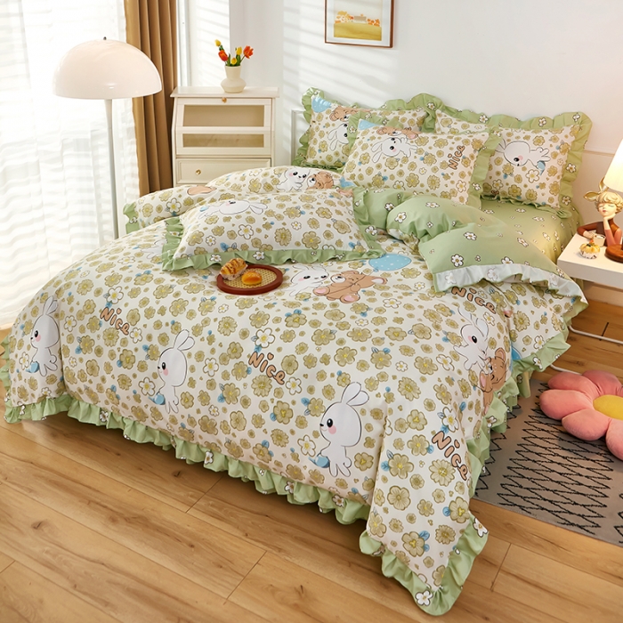 91家纺网 家纺一手货源 找家纺 艾橙家纺 2023新款小清新韩版磨毛花边四件套 开心伙伴