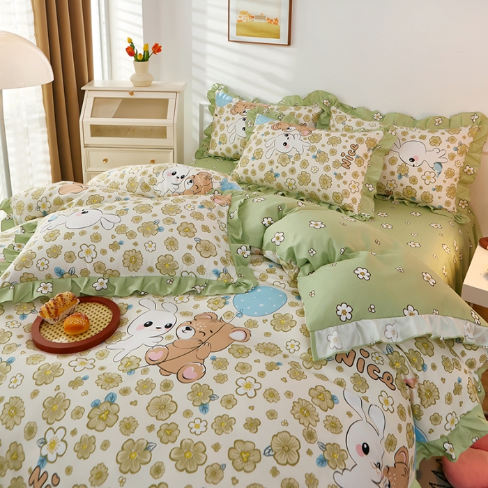 91家纺网 家纺一手货源 找家纺 艾橙家纺 2023新款小清新韩版磨毛花边四件套 开心伙伴