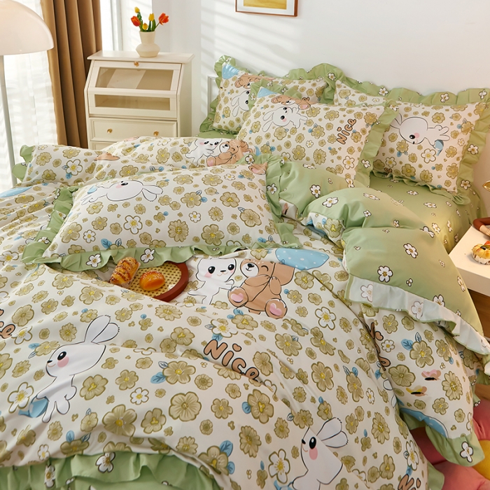 91家纺网 家纺一手货源 找家纺 艾橙家纺 2023新款小清新韩版磨毛花边四件套 开心伙伴