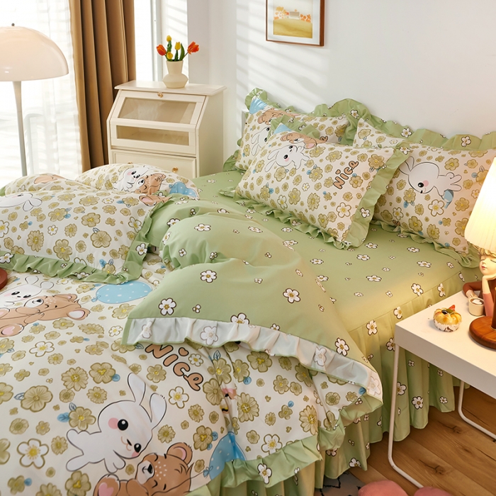 91家纺网 家纺一手货源 找家纺 艾橙家纺 2023新款小清新韩版磨毛花边四件套 开心伙伴