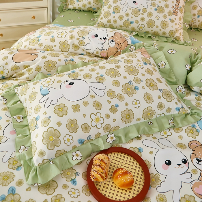 91家纺网 家纺一手货源 找家纺 艾橙家纺 2023新款小清新韩版磨毛花边四件套 开心伙伴