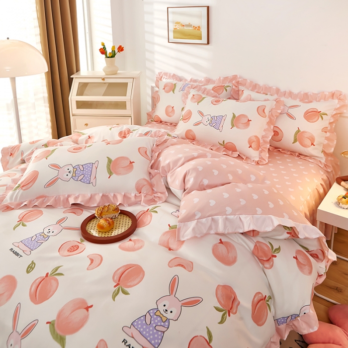 91家纺网 家纺一手货源 找家纺 艾橙家纺 2023新款小清新韩版磨毛花边四件套 蜜桃兔