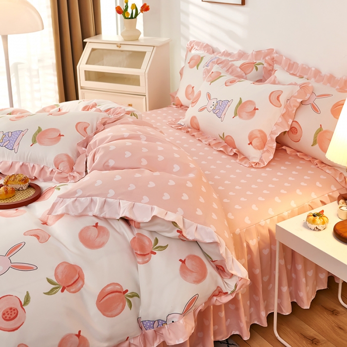 91家纺网 家纺一手货源 找家纺 艾橙家纺 2023新款小清新韩版磨毛花边四件套 蜜桃兔